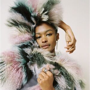 Free People Multicolor Shaggy Faux Fur Coat in Pink, Green, Cream